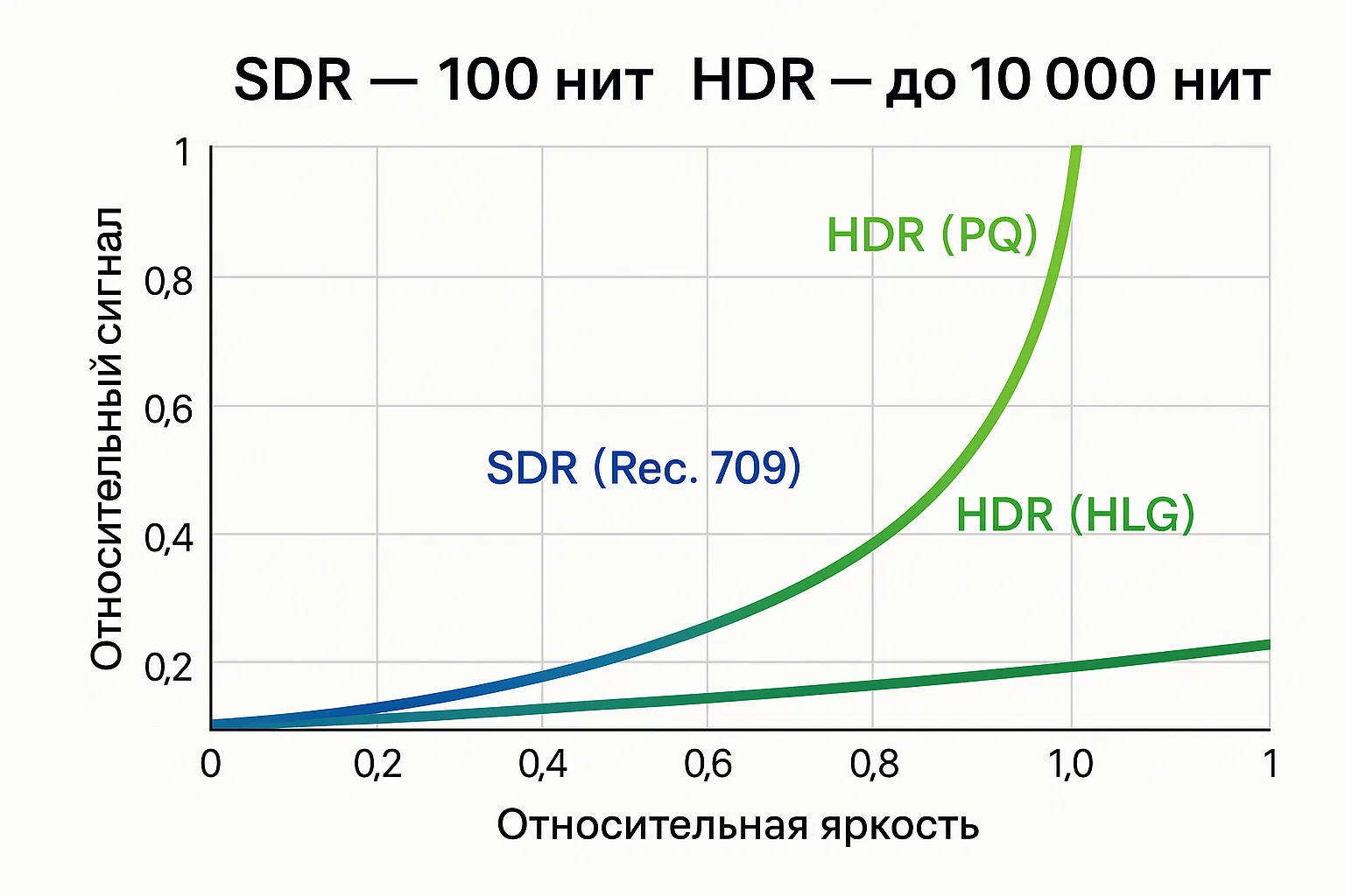 Сравнительная диаграмма кривых гаммы SDR (Rec.709) и HDR (PQ, HLG) c подписью «SDR — 100 нит, HDR — до 10 000 нит»
